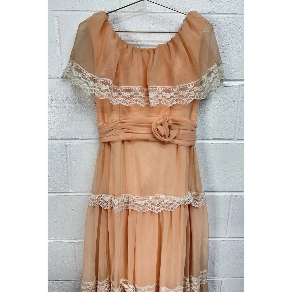 Vintage Peach‎ Chiffon Lace Overlay Dress Maxi Gown 70s Prairie Formal